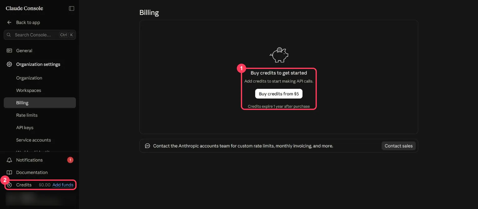 The Claude Console billing page asking to buy credits from $5, with the $0.00 credits balance highlighted