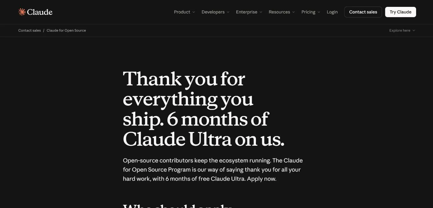 The Claude for Open Source page offering 6 months of Claude Ultra