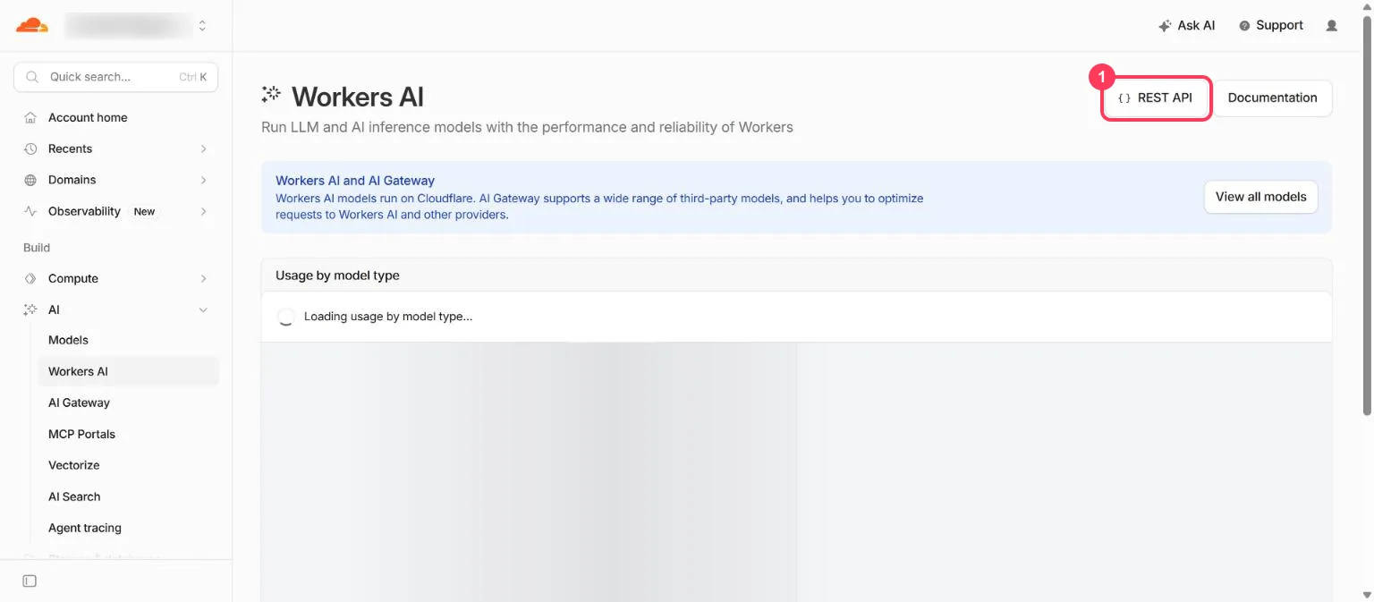 The Workers AI page in the Cloudflare dashboard with the REST API button highlighted