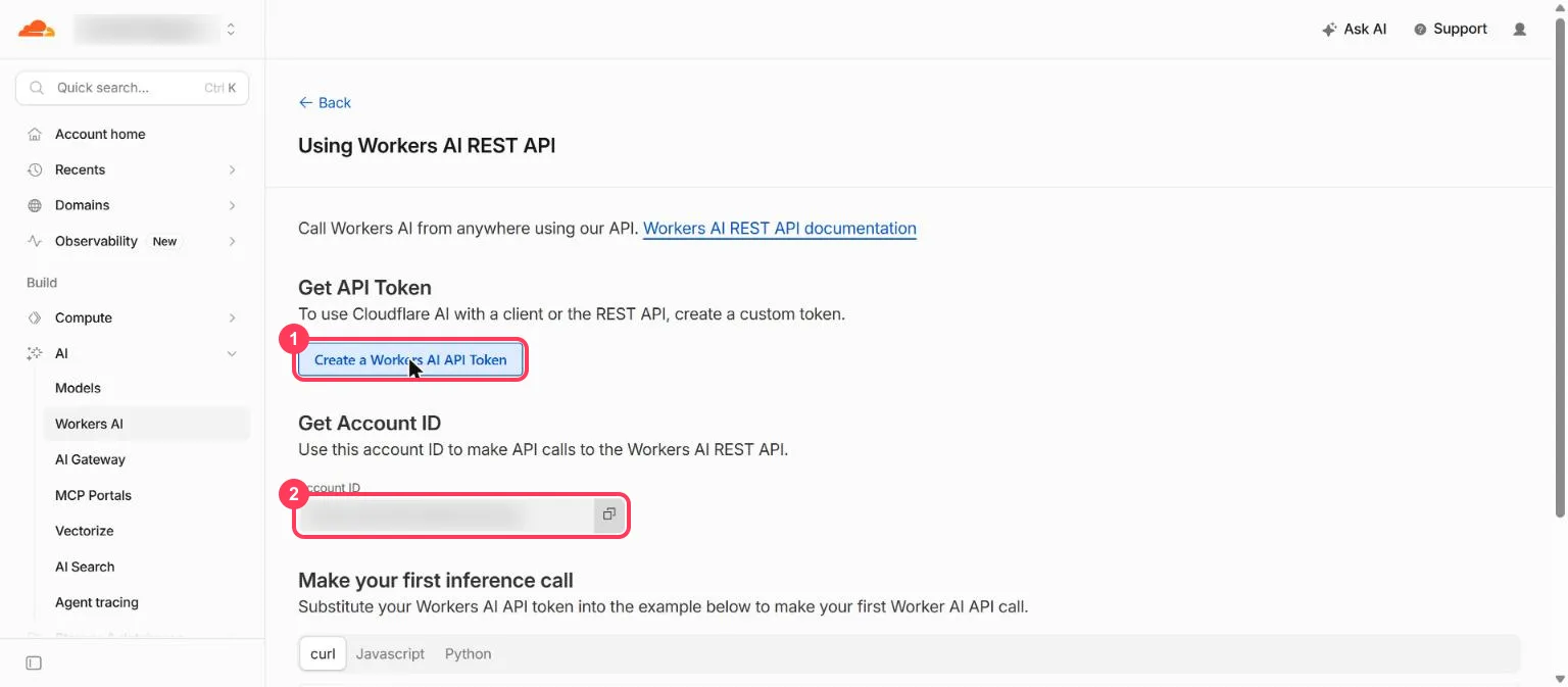 The Workers AI REST API page with the token button and the account ID highlighted