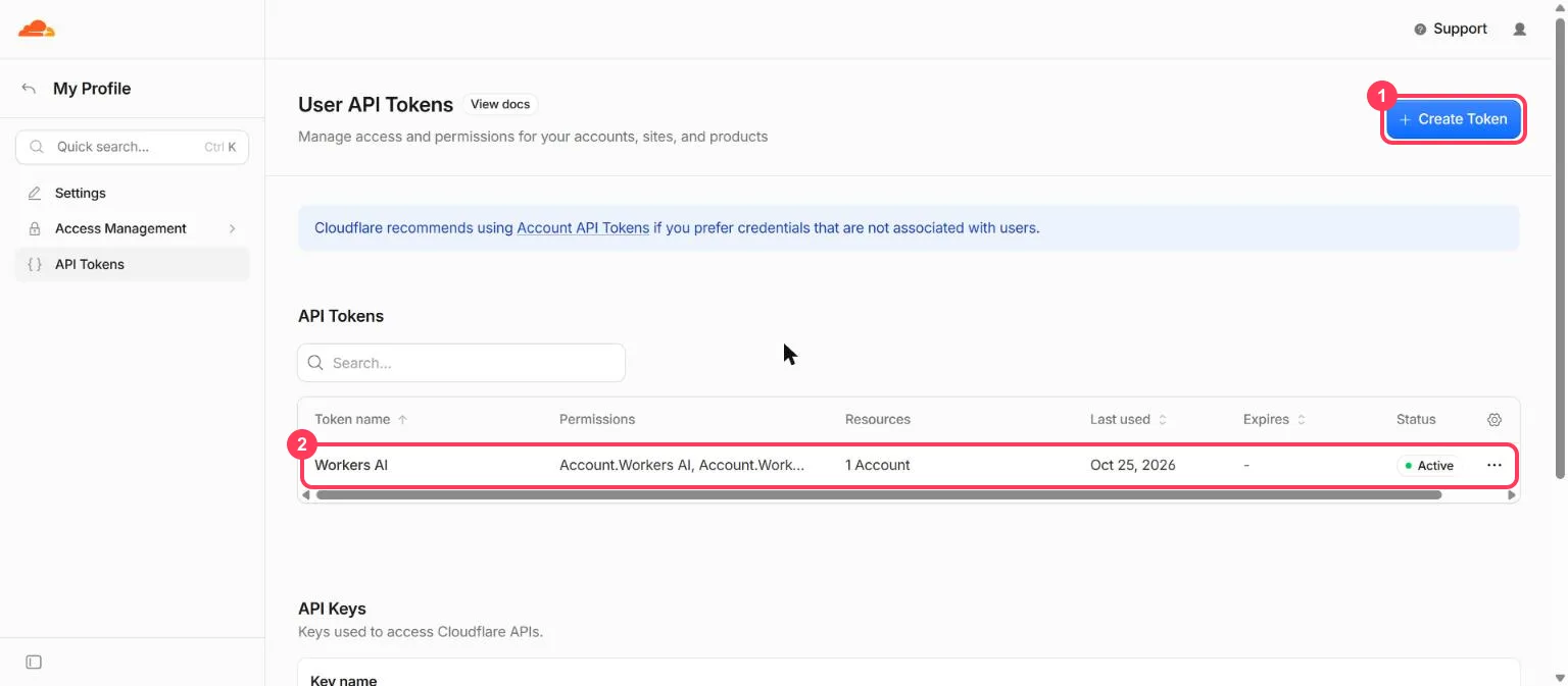 The Cloudflare API Tokens page with the Create Token button and a Workers AI token highlighted