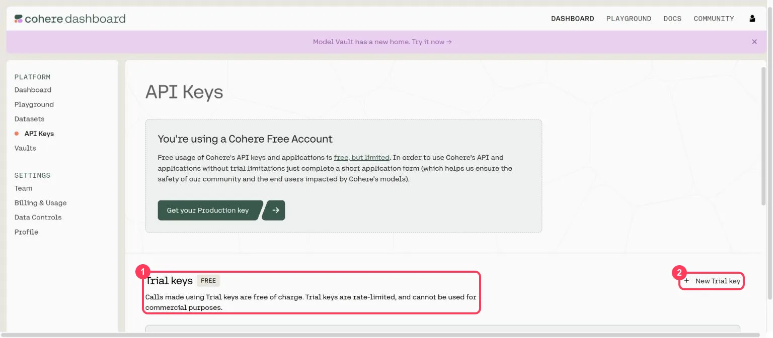 The Cohere API Keys page with the Trial keys section and the New Trial key button highlighted