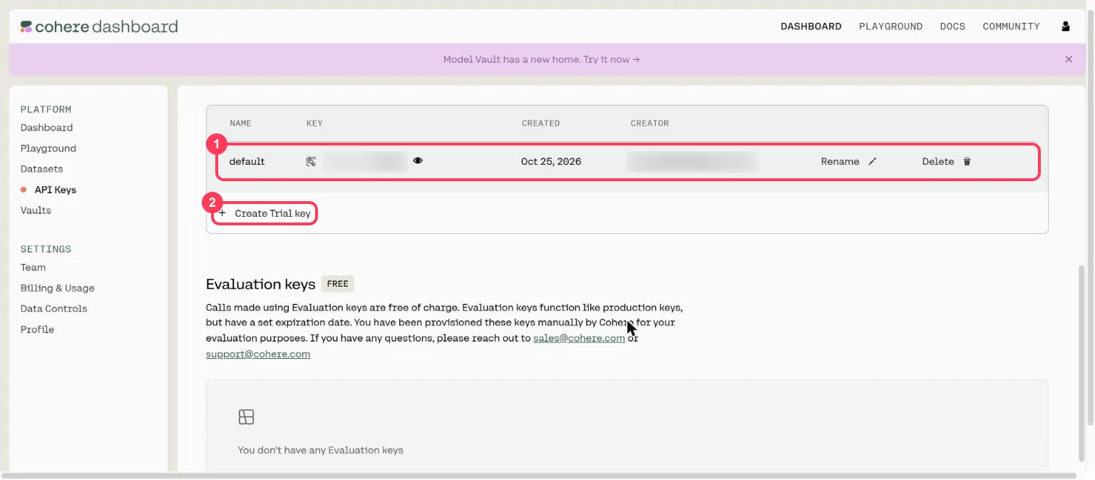 The Cohere trial key list with the default key and the Create Trial key button highlighted