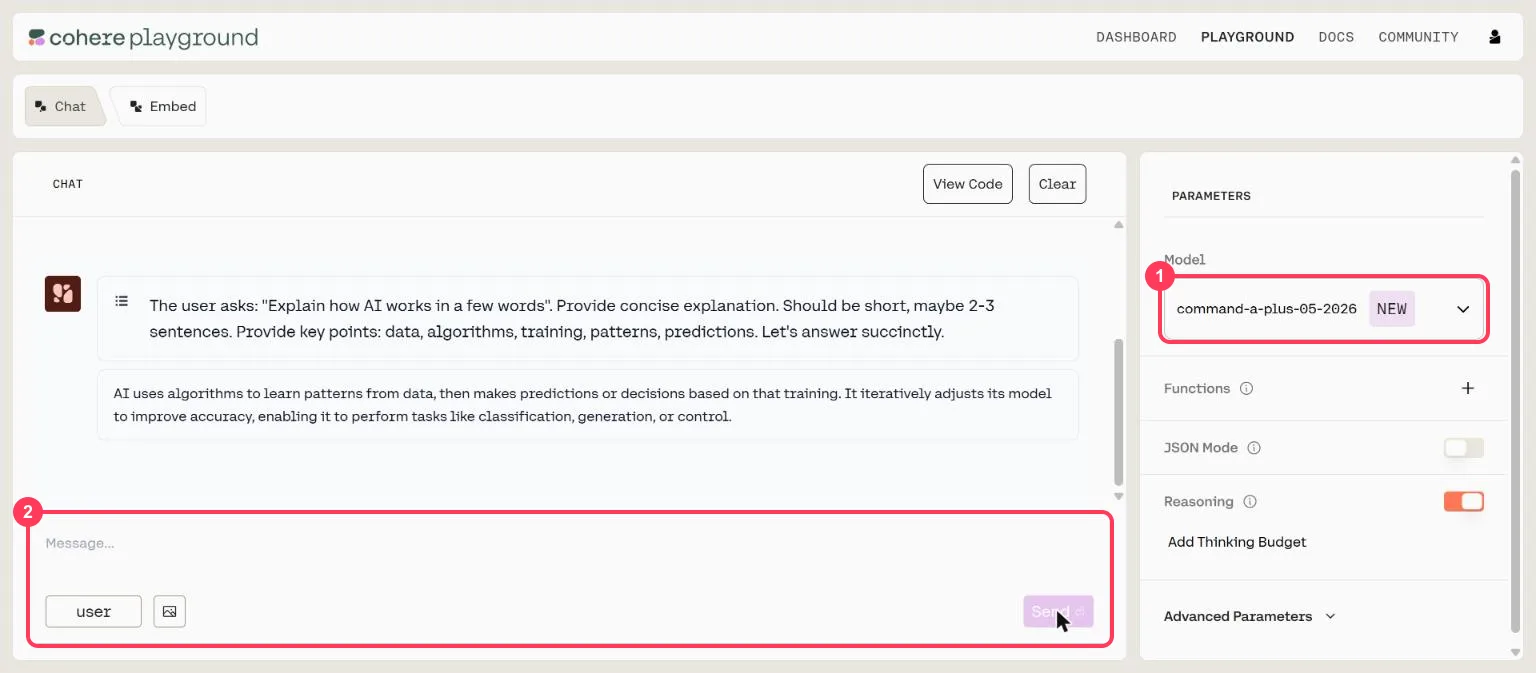 The Cohere Playground with the model list and the message box highlighted