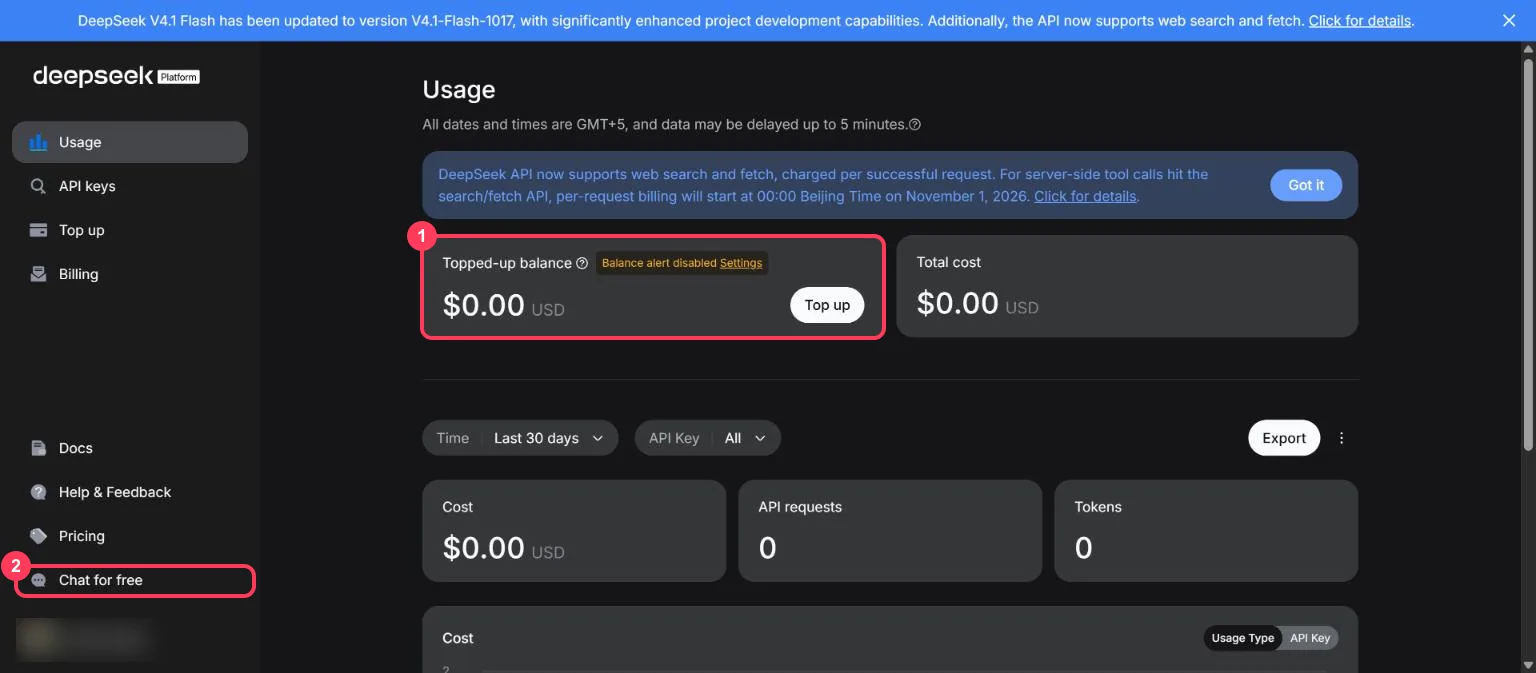 The DeepSeek Platform Usage page with a $0.00 topped-up balance and the Chat for free link highlighted