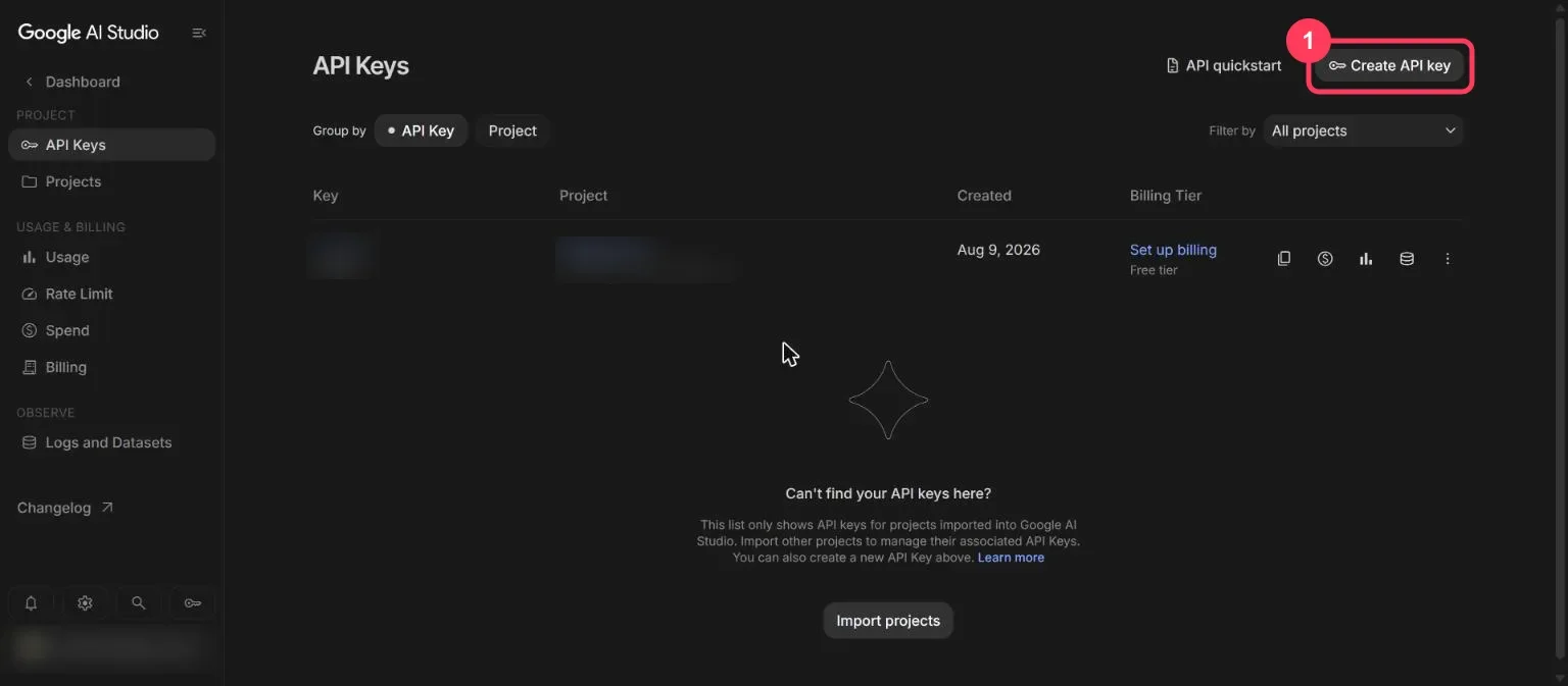 The API Keys page with the Create API key button highlighted