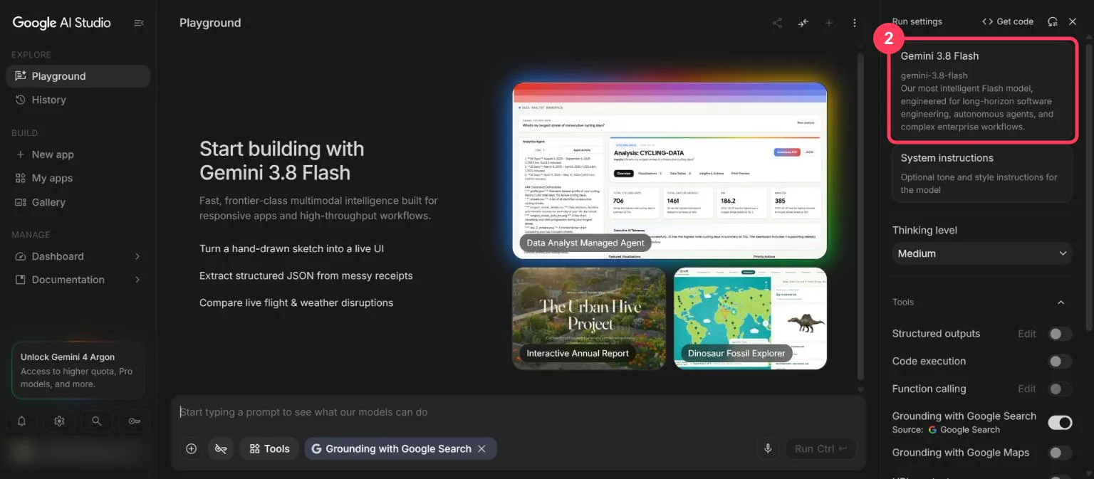 The AI Studio Playground with the model card highlighted
