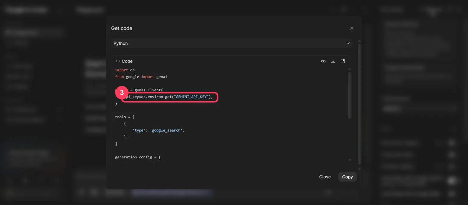 The Get code window with the line that reads the API key highlighted