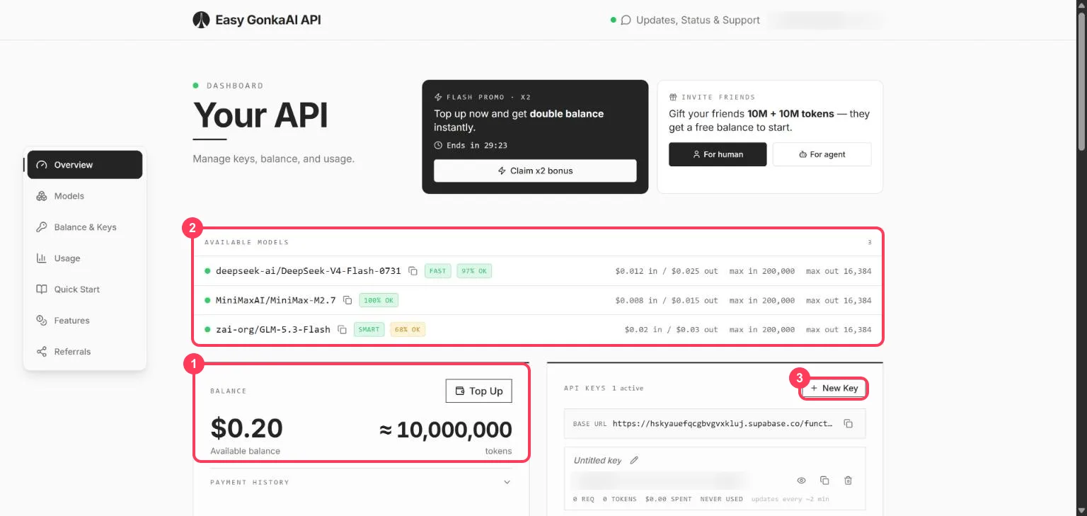 The Easy GonkaAI API dashboard with the $0.20 free balance, the three models and the New Key button highlighted