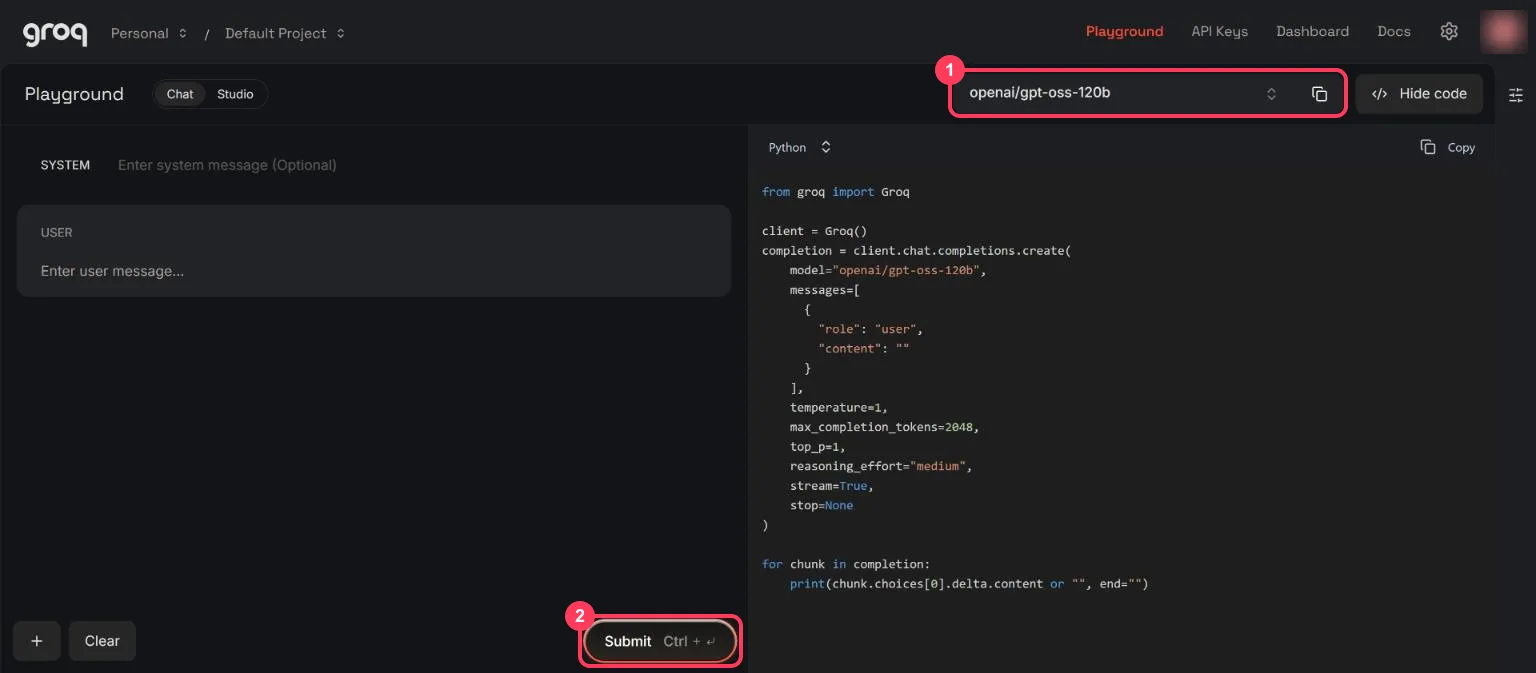 The Groq Playground with the model list and the Submit button highlighted