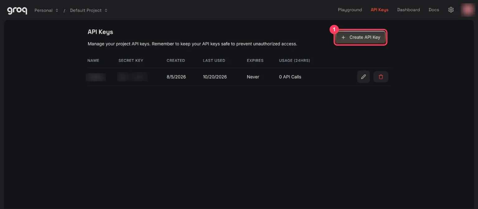 The Groq API Keys page with the Create API Key button highlighted
