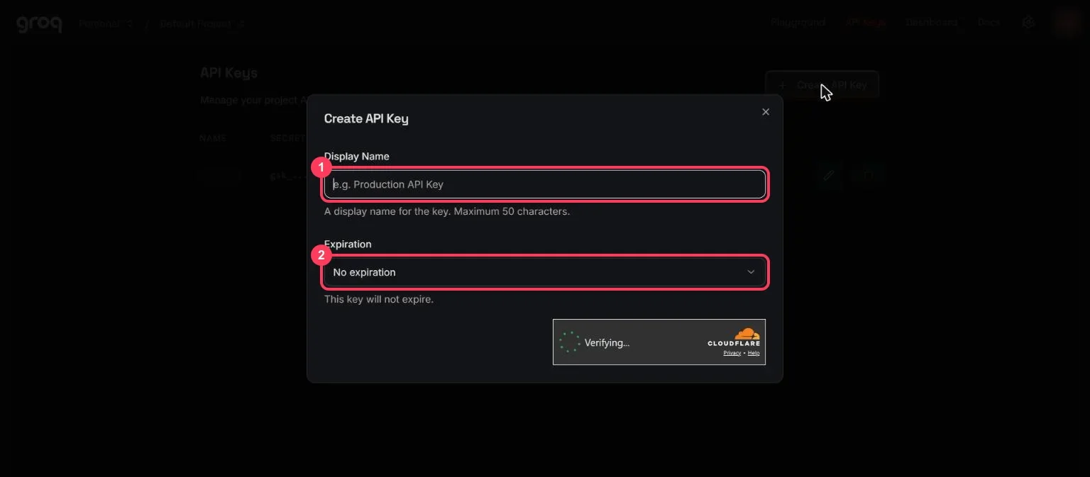The Create API Key window with the name and expiration fields highlighted