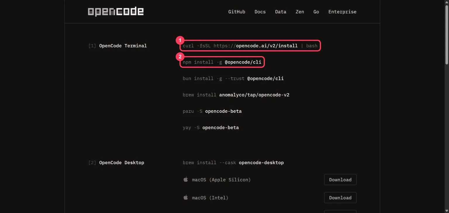 The OpenCode download page with the install script and npm commands highlighted