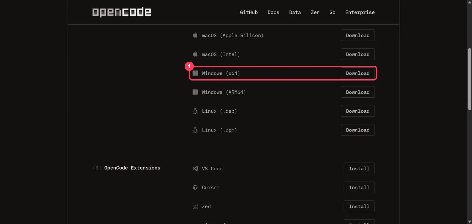The OpenCode download page with the Windows (x64) download highlighted