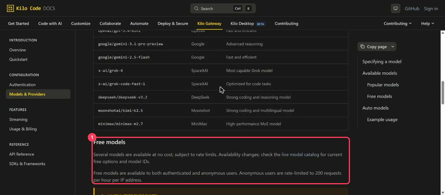 The Kilo Gateway docs Free models section, saying free models work for anonymous users with 200 requests an hour