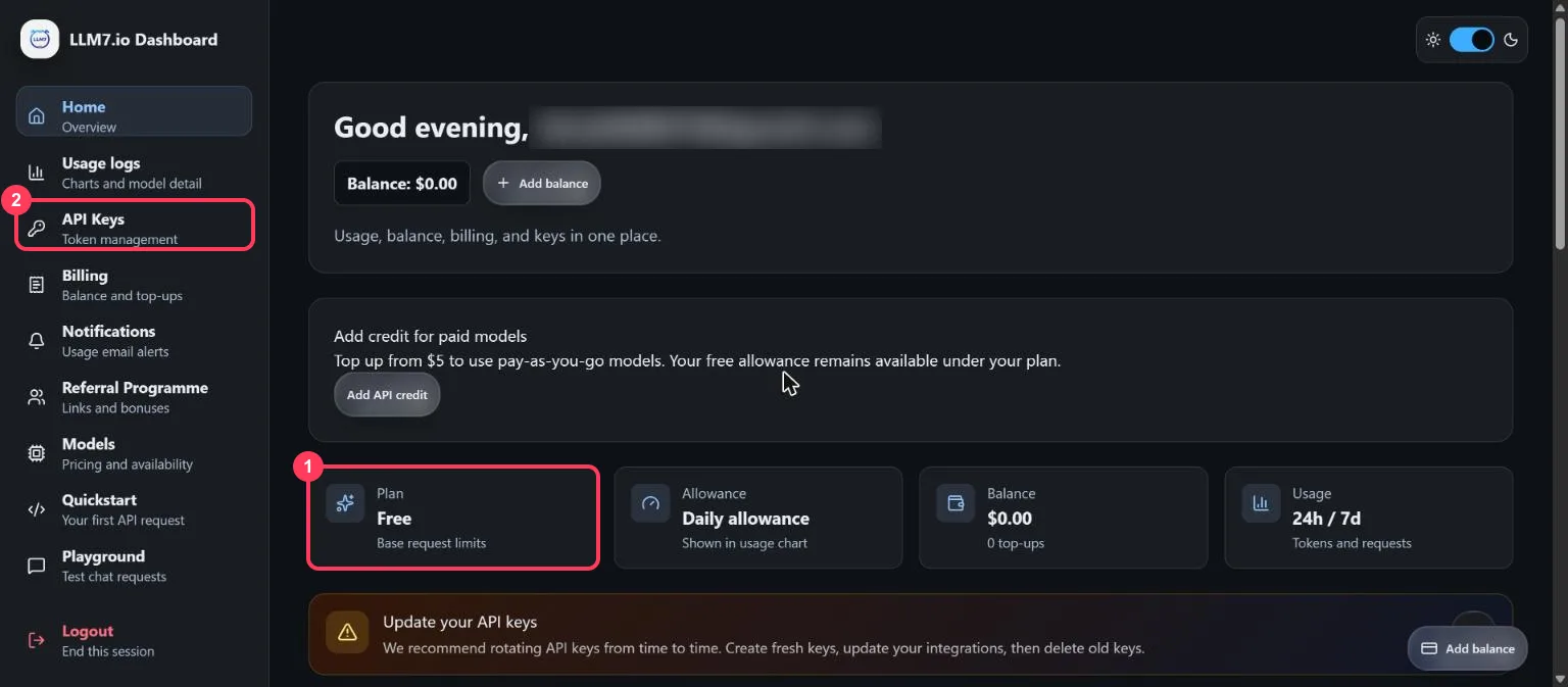The LLM7.io dashboard with the Free plan card and the API Keys menu item highlighted