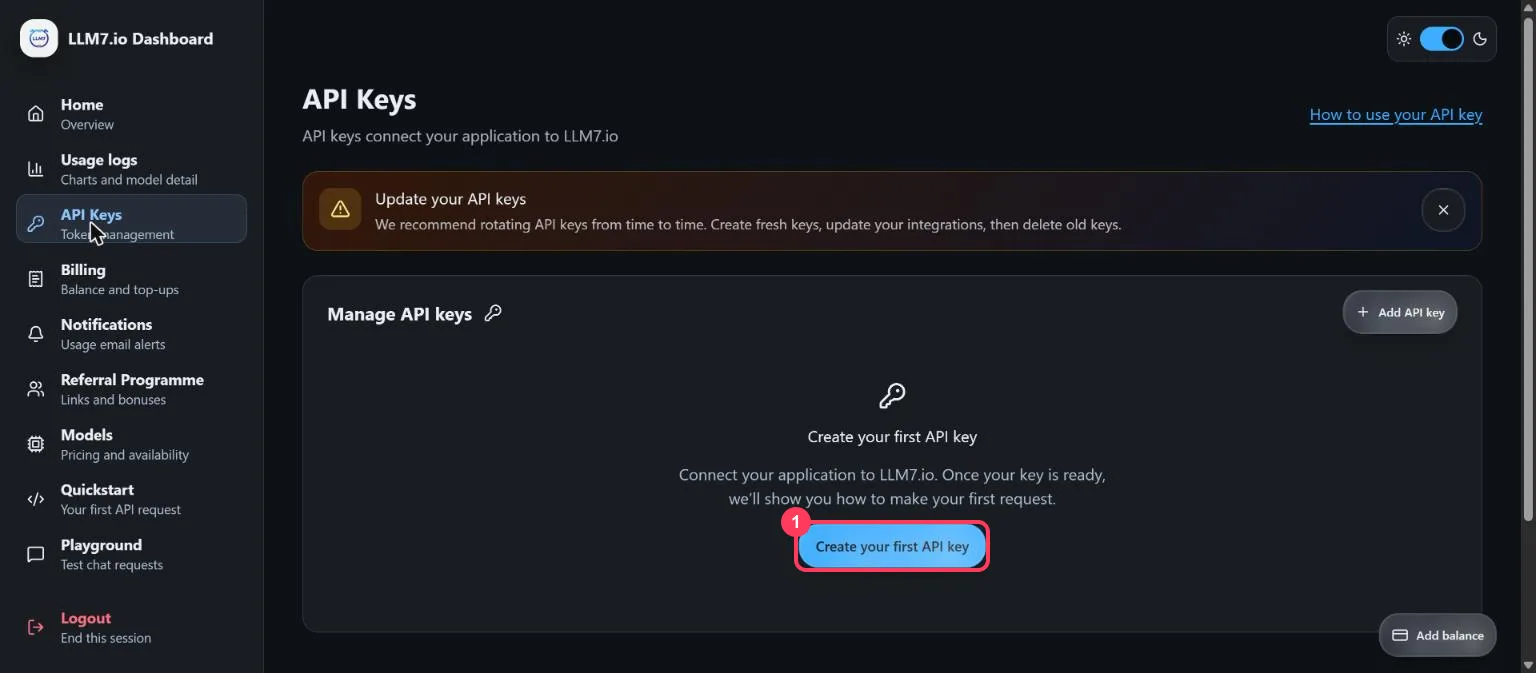 The LLM7.io API Keys page with the Create your first API key button highlighted