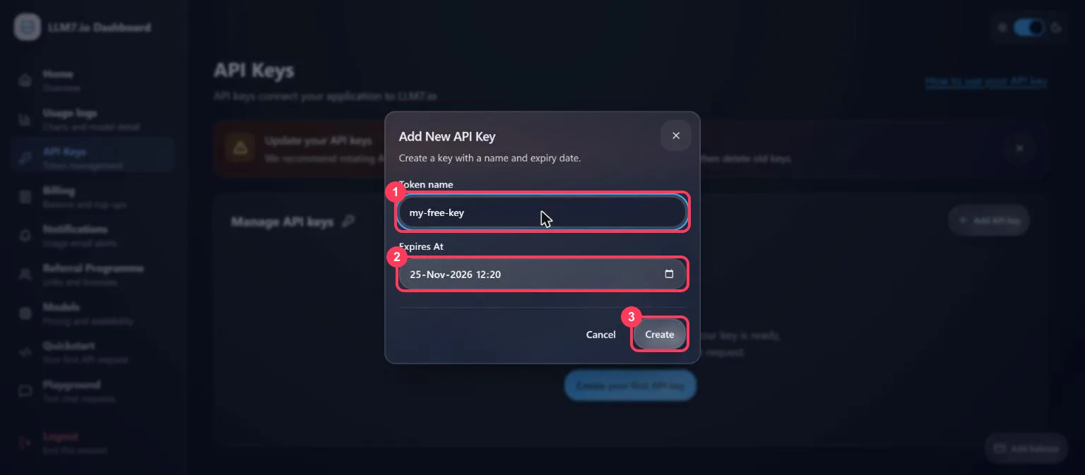 The Add New API Key form with the token name, the expiry date and the Create button highlighted