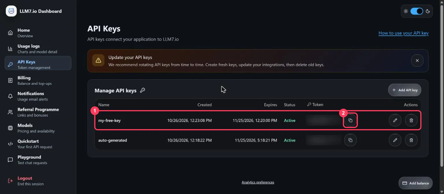 The LLM7.io key list with the new key and its copy button highlighted