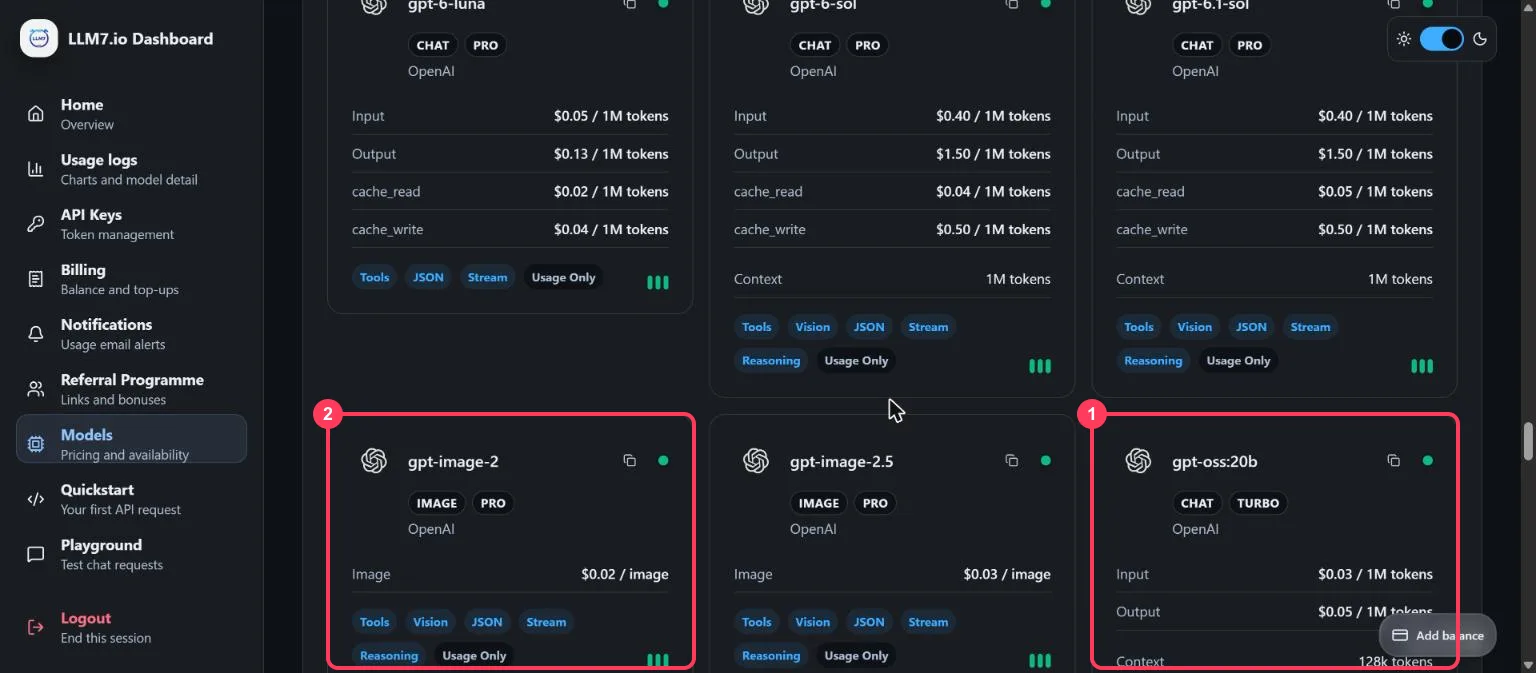 The LLM7.io Models page with a TURBO model and a PRO model highlighted