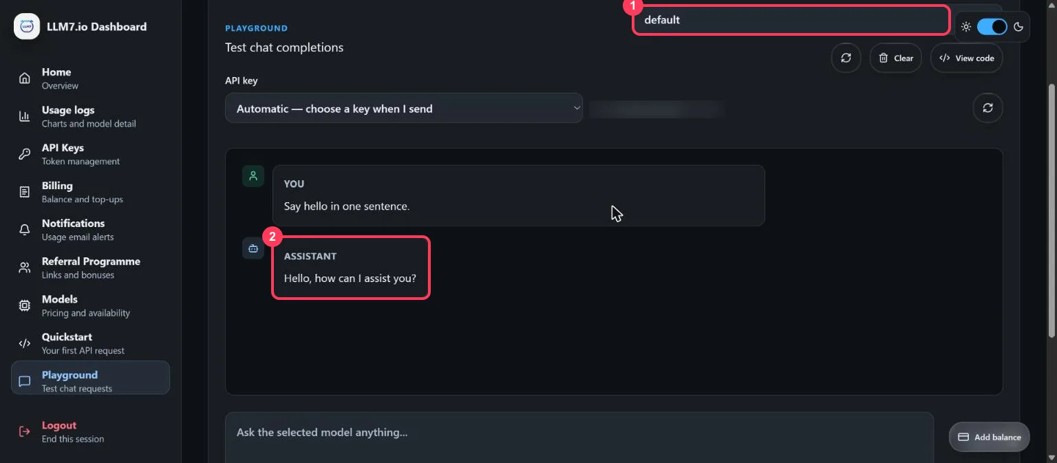 The LLM7.io Playground with the model list and an answer highlighted