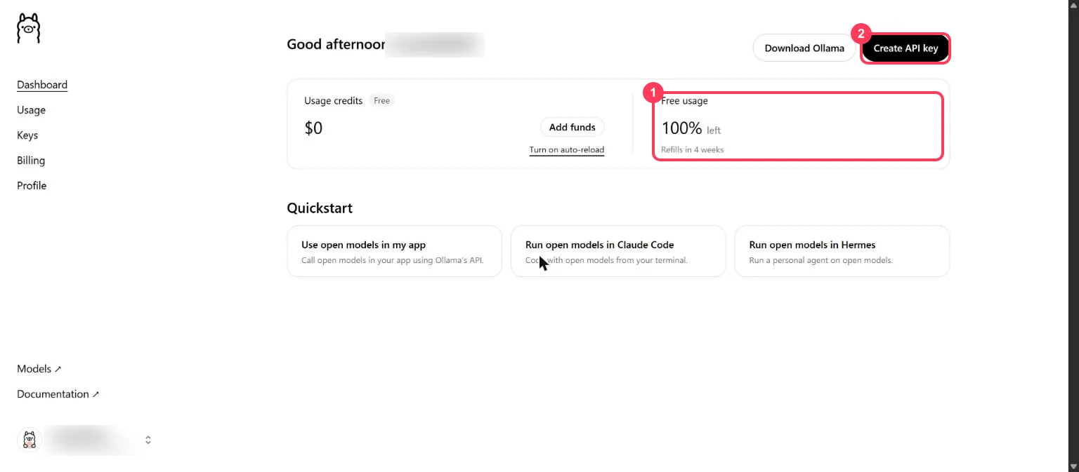 The Ollama dashboard with the Free usage panel and the Create API key button highlighted