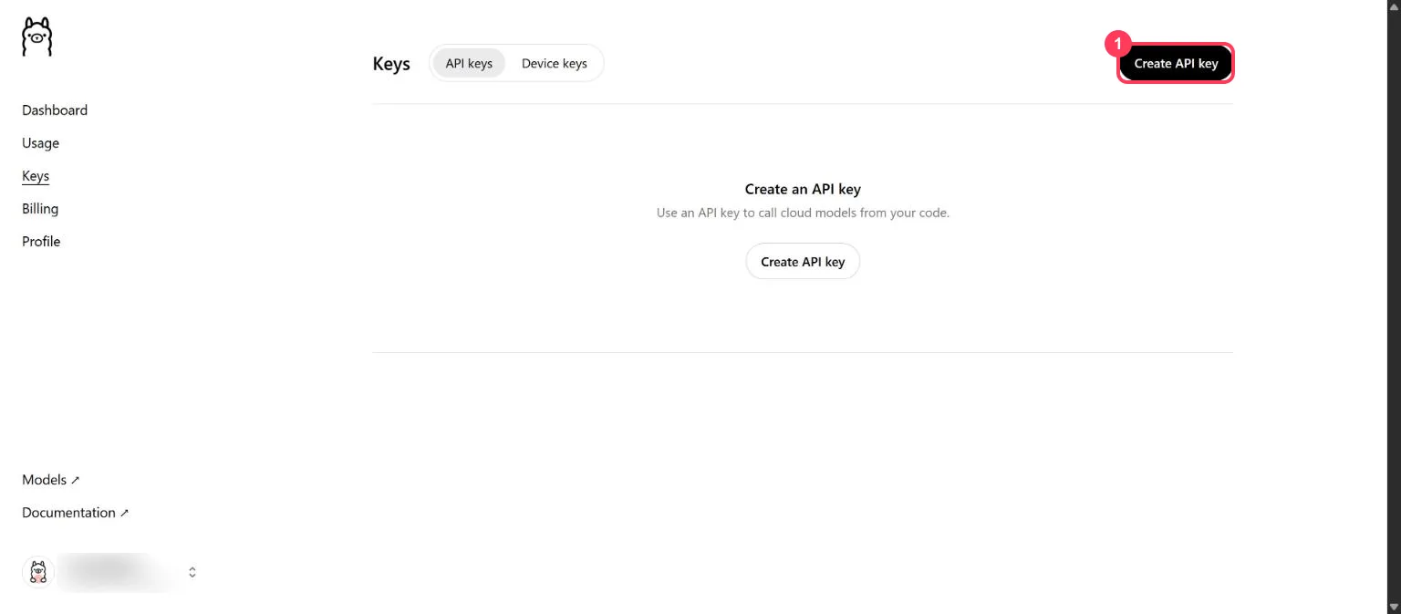 The Ollama Keys page with the Create API key button highlighted