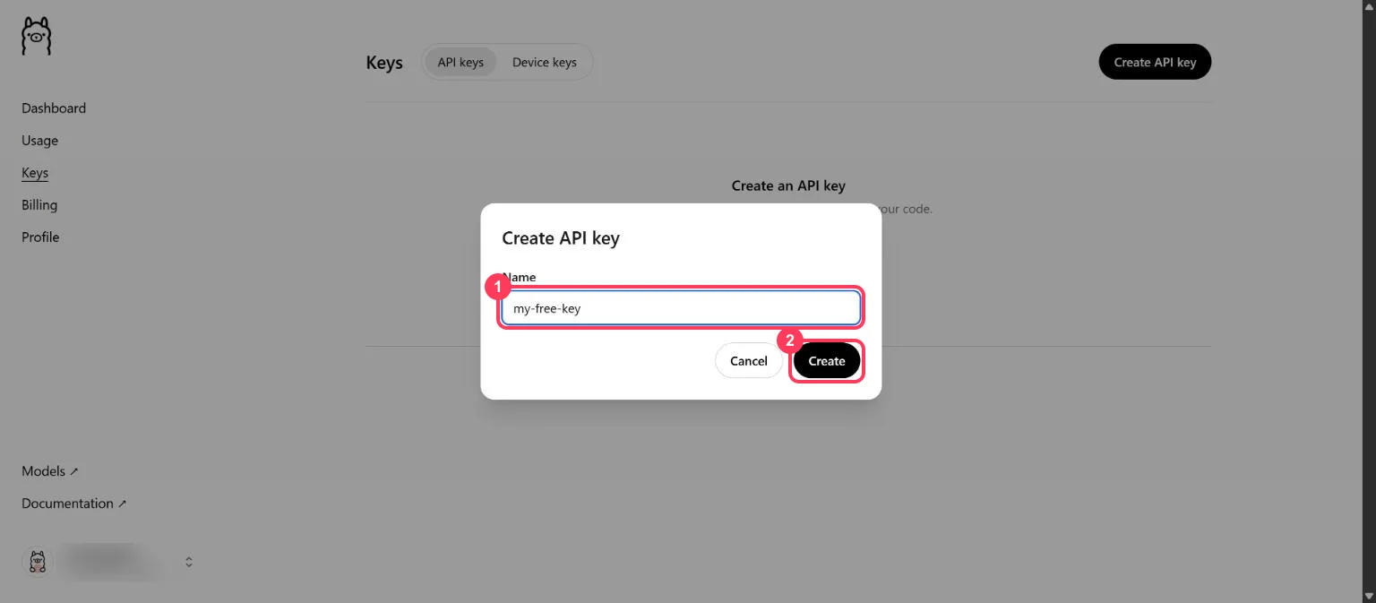 The Create API key dialog with the name field and the Create button highlighted