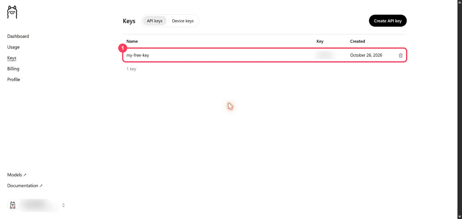 The Ollama Keys list with the new key highlighted