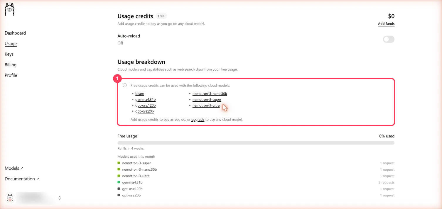 The Ollama Usage page with the list of free cloud models highlighted