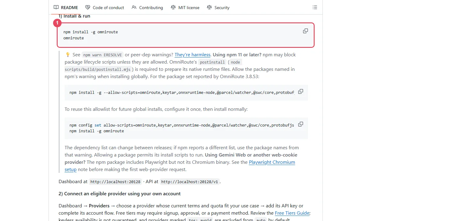 The OmniRoute README Quick Start with the install commands highlighted