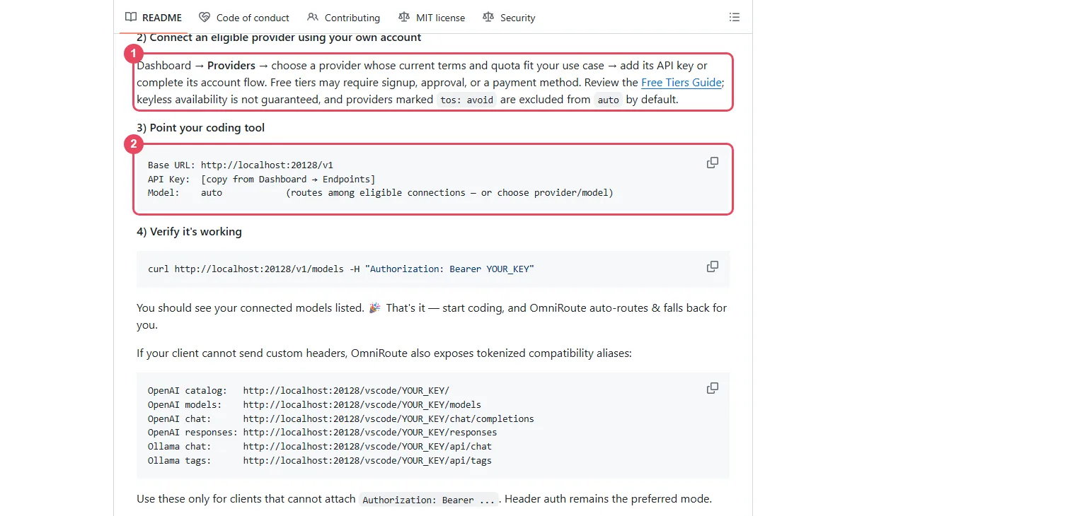 The OmniRoute README steps for connecting a provider and pointing a coding tool, highlighted
