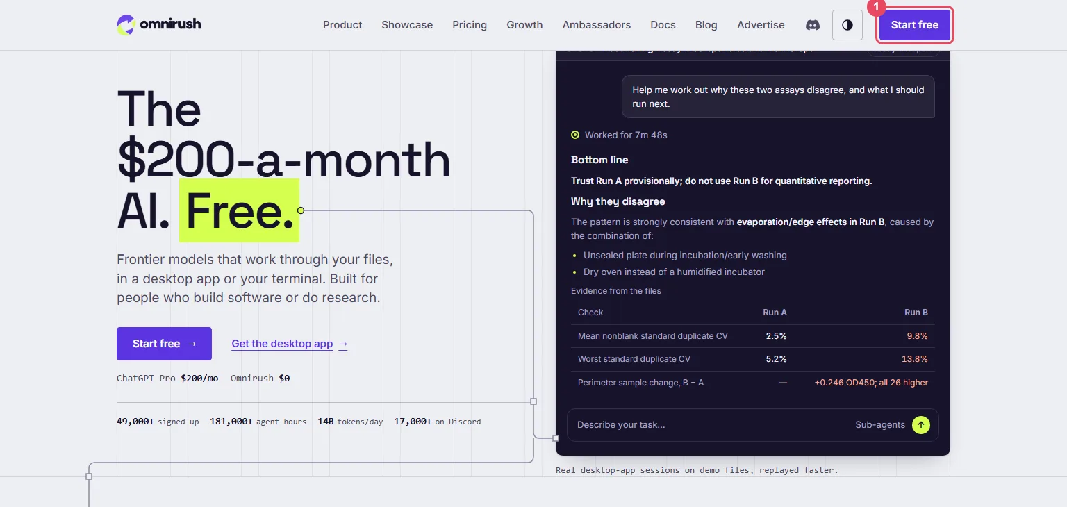 The OmniRush home page with the Start free button highlighted