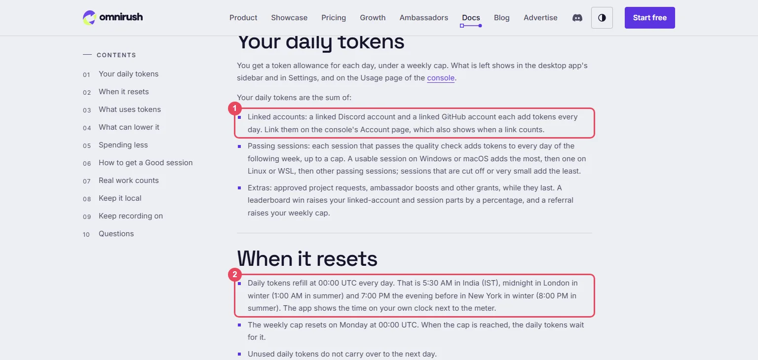 OmniRush allowance guide with the linked-accounts rule and the 00:00 UTC refill highlighted