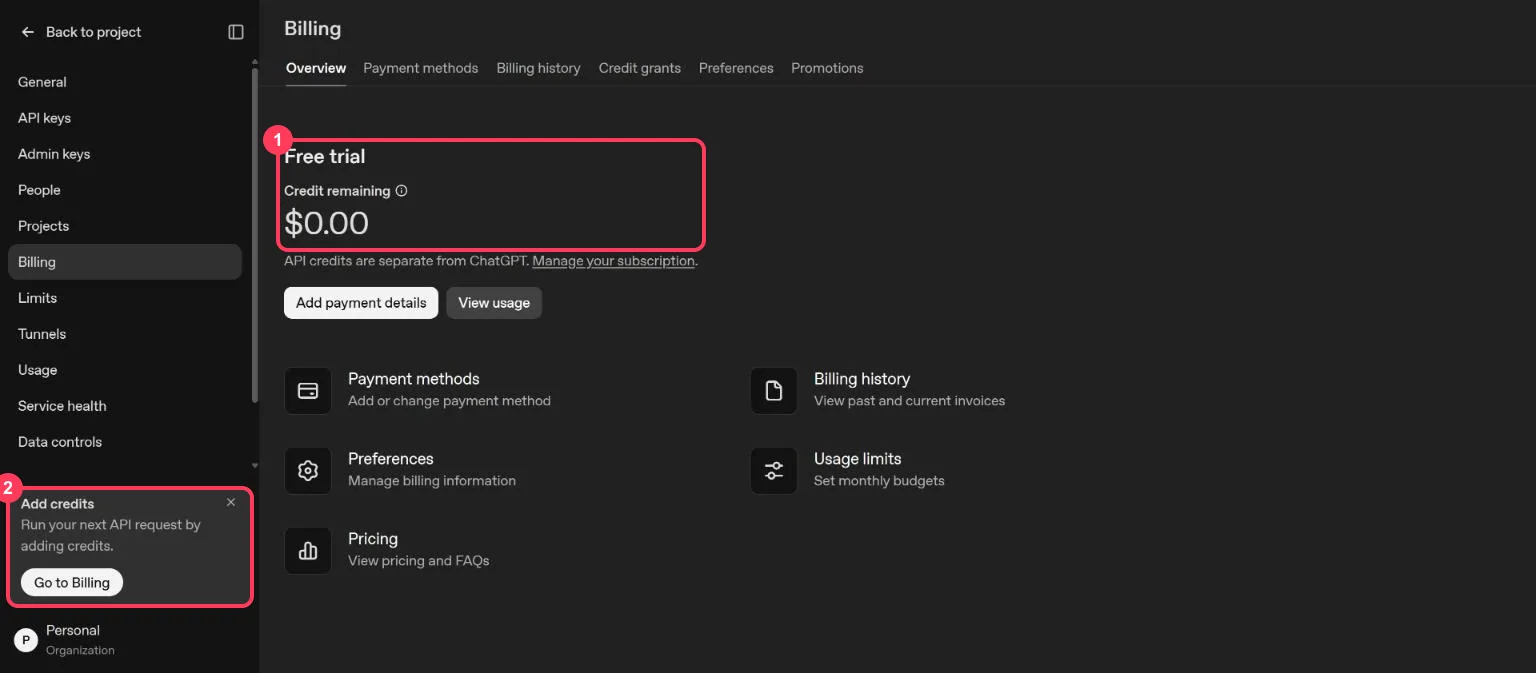 The OpenAI Platform billing page with $0.00 free trial credit and the Add credits notice highlighted