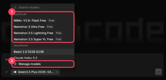 The OpenCode model picker with the free OpenCode models and Manage models highlighted