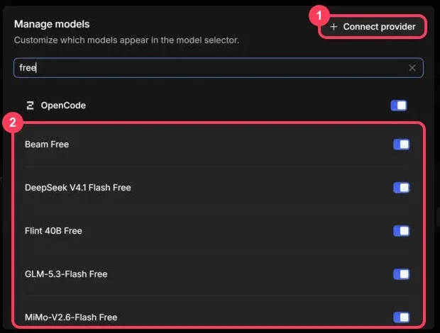 The Manage models window filtered to free models, with Connect provider highlighted
