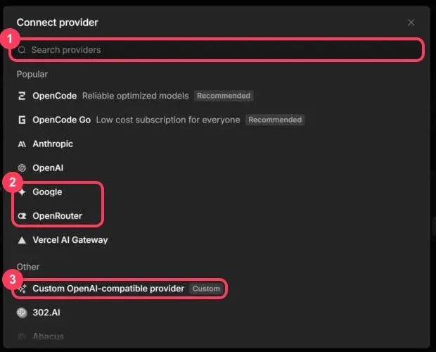 The Connect provider window with the search box, Google and OpenRouter, and the custom provider option highlighted