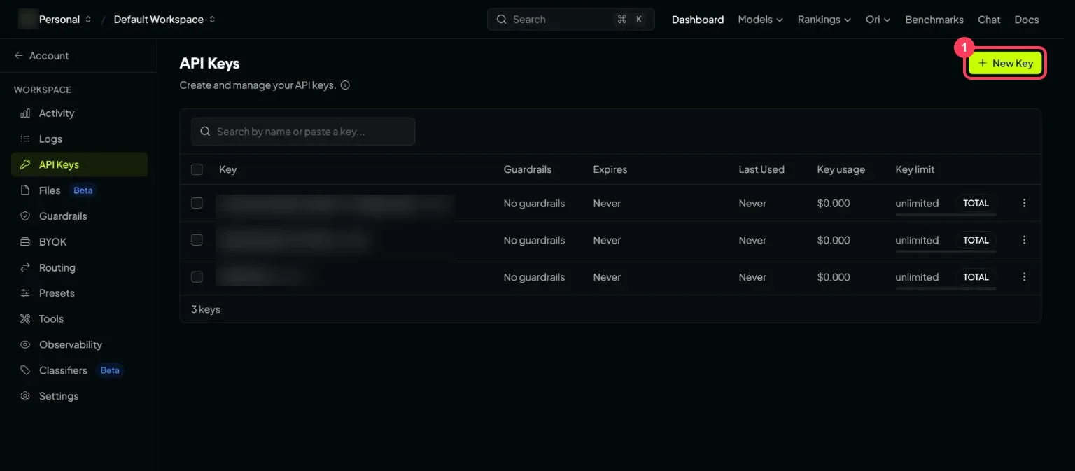 The OpenRouter API Keys page with the New Key button highlighted