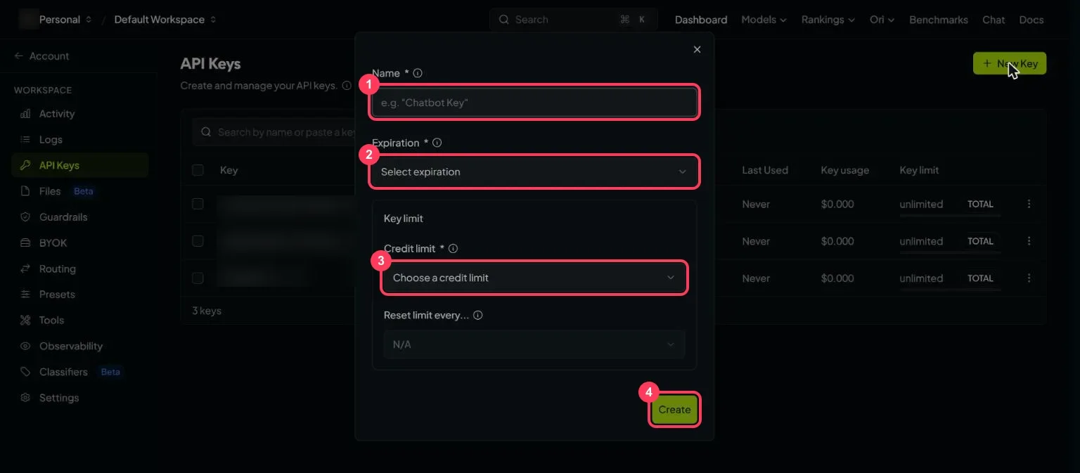 The New Key window with the name, expiration, credit limit and Create button highlighted