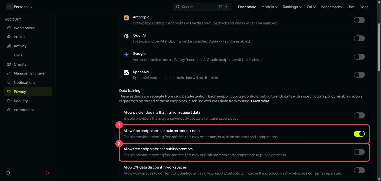 The OpenRouter privacy settings with the two free-endpoint switches highlighted