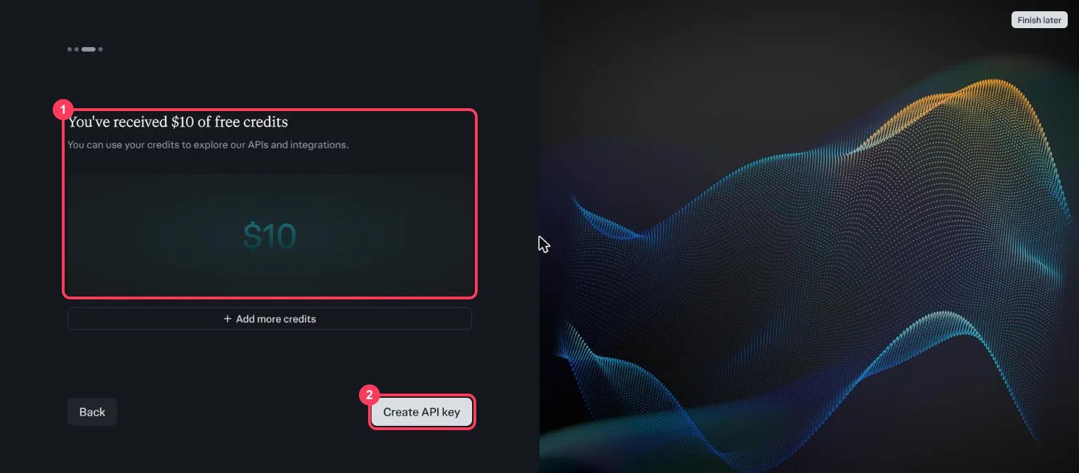 The Perplexity API account setup showing $10 of free credits and the Create API key button highlighted