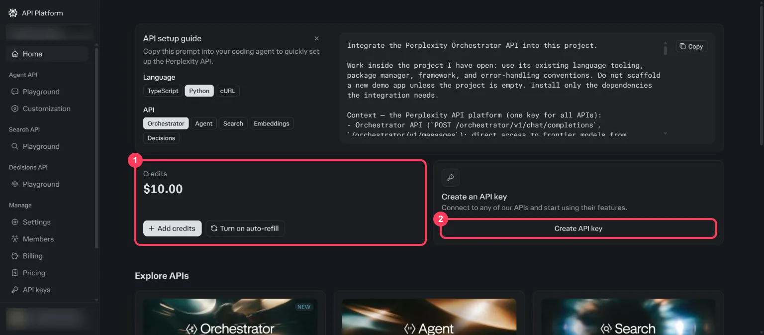 The Perplexity API Platform home with the $10.00 credits and the Create API key button highlighted