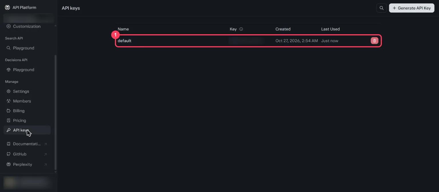 The Perplexity API keys page with the default key highlighted