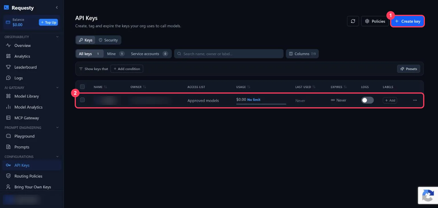 The Requesty API Keys page with the Create key button and a key highlighted